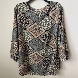 Indigo Soul Floral Tunic Top Flowy Button Front Back Pleat Hippie Boho Multi 2XL